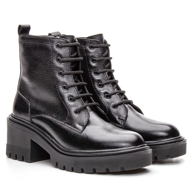 Bota Coturno Cano Médio Couro Preto de Amarrar