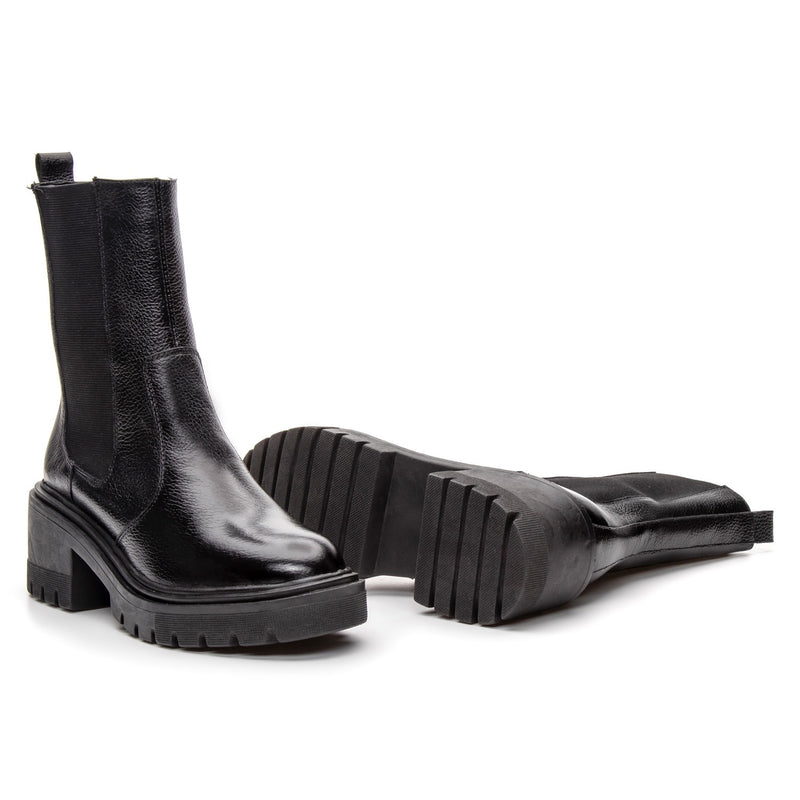 Bota Coturno Cano Médio Couro Preto Solado Tratorado