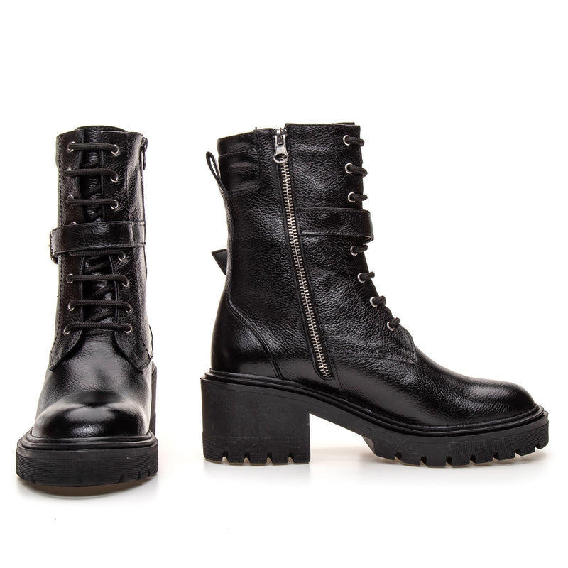 Bota Coturno Cano Médio Couro Preto Ziper