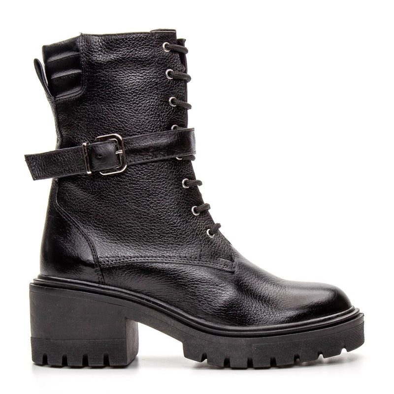 Bota Coturno Cano Médio Couro Preto Ziper