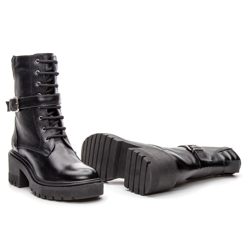 Bota Coturno Cano Médio Couro Preto Ziper