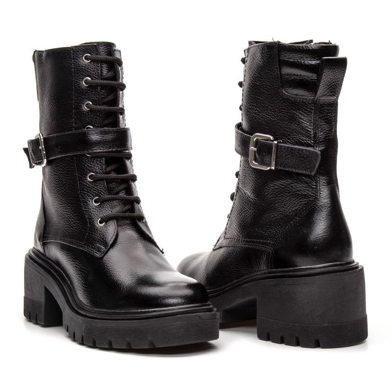Bota Coturno Cano Médio Couro Preto Ziper
