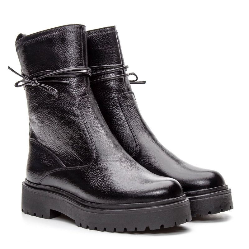 Bota Coturno Cano Médio Couro Preta Com Ziper