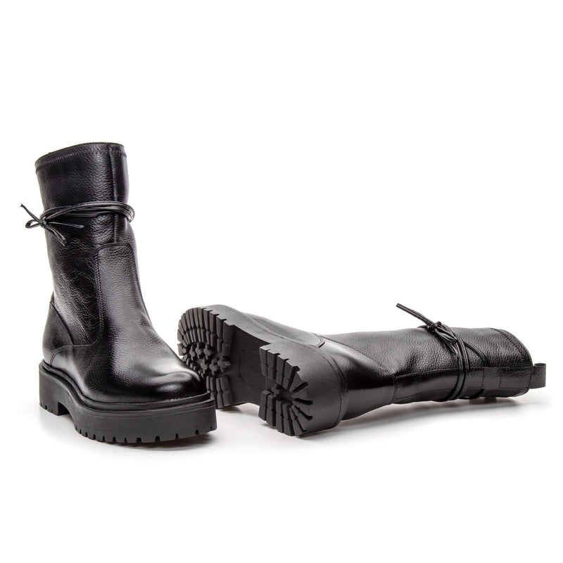 Bota Coturno Cano Médio Couro Preta Com Ziper