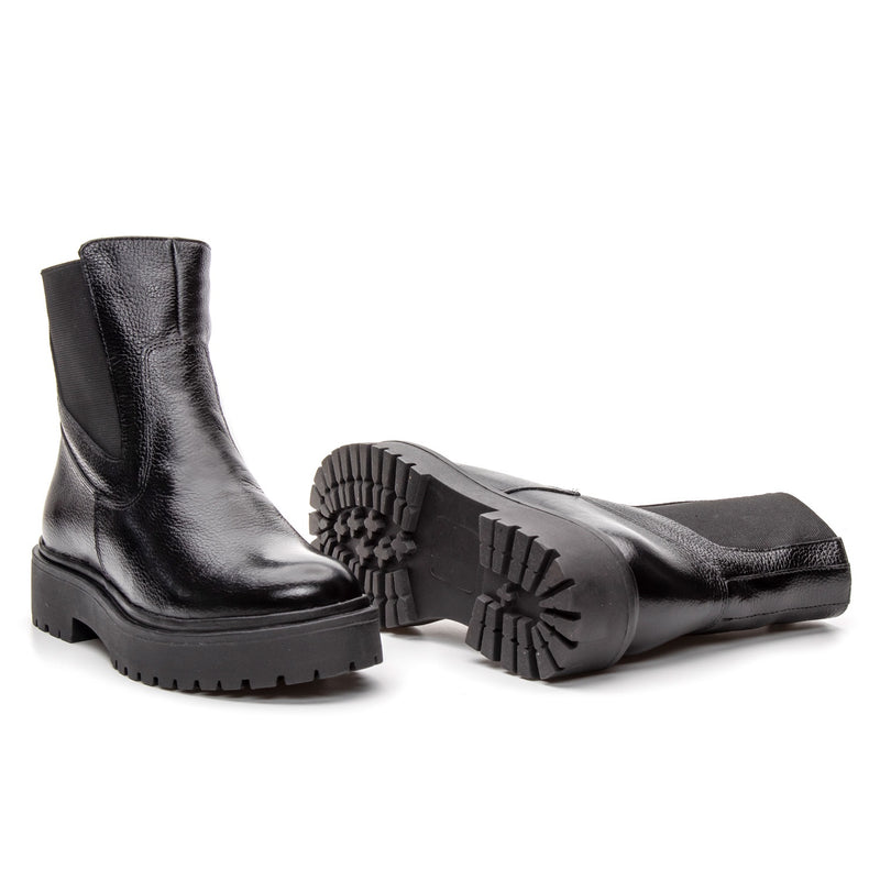 Bota Coturno Cano Médio Couro Preto Com Ziper