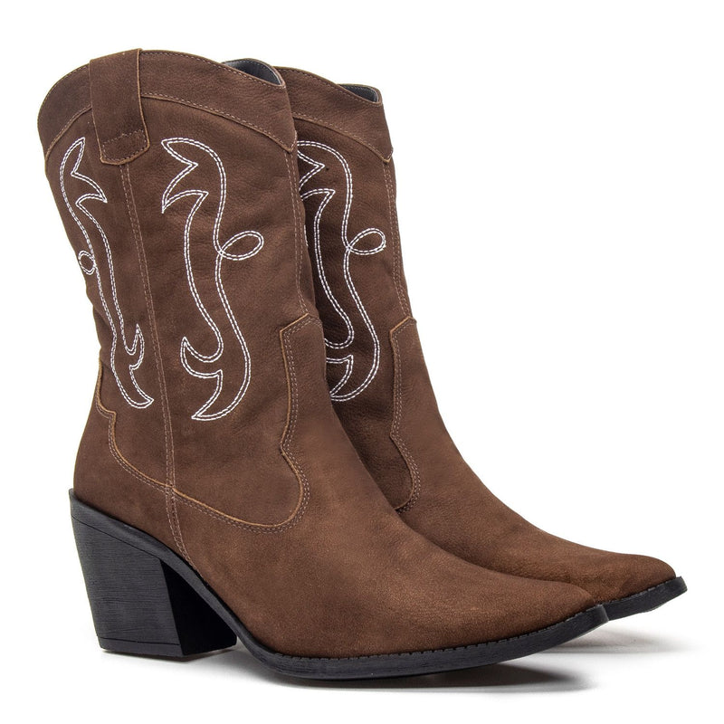 Bota Feminina Texana Cano Médio Couro Castor