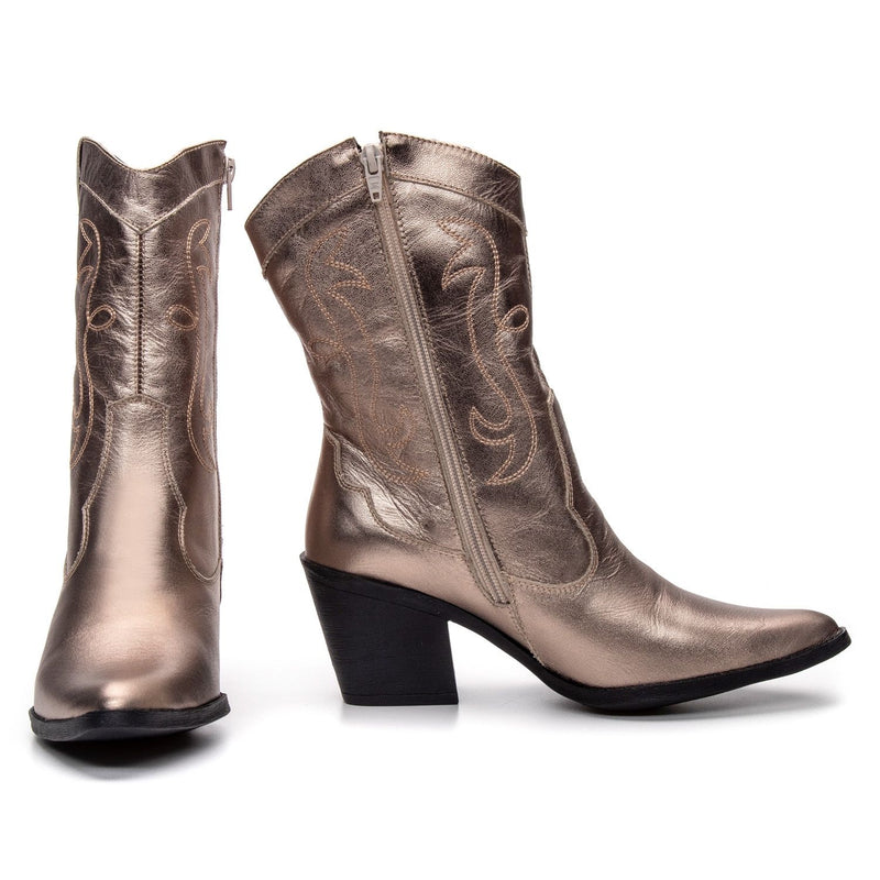 Bota Feminina Texana Cano Médio Couro Dourado