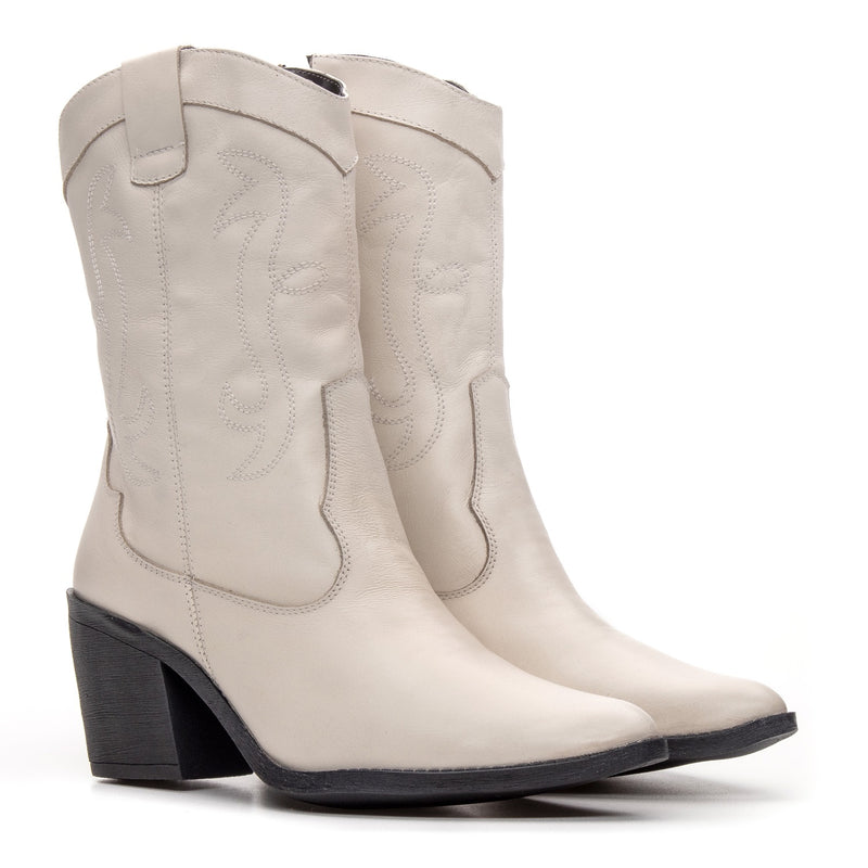 Bota Feminina Texana Cano Médio Couro Branco