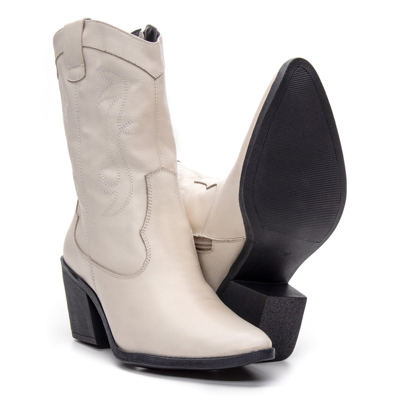 Bota Feminina Texana Cano Médio Couro Branco