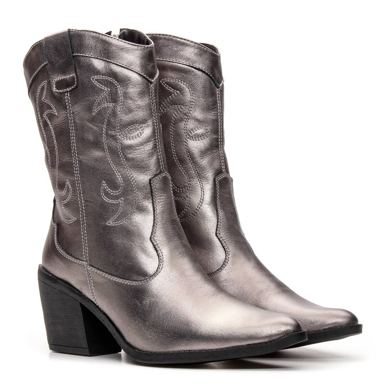 Bota Feminina Texana Cano Médio Couro Prata