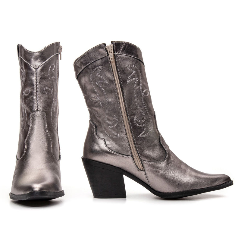 Bota Feminina Texana Cano Médio Couro Prata