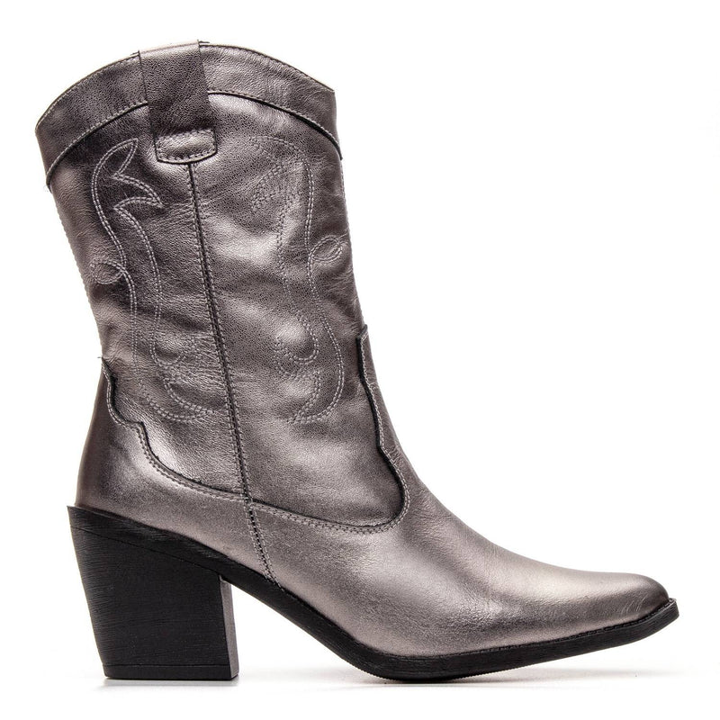 Bota Feminina Texana Cano Médio Couro Prata