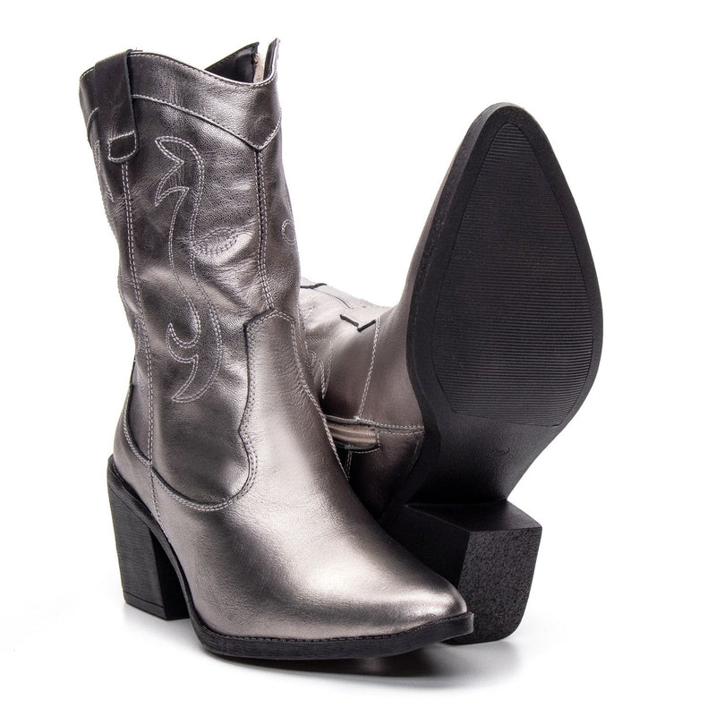 Bota Feminina Texana Cano Médio Couro Prata