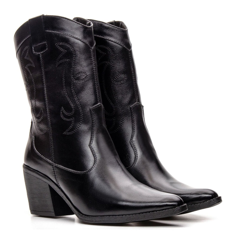Bota Feminina Texana Cano Médio Couro Preto