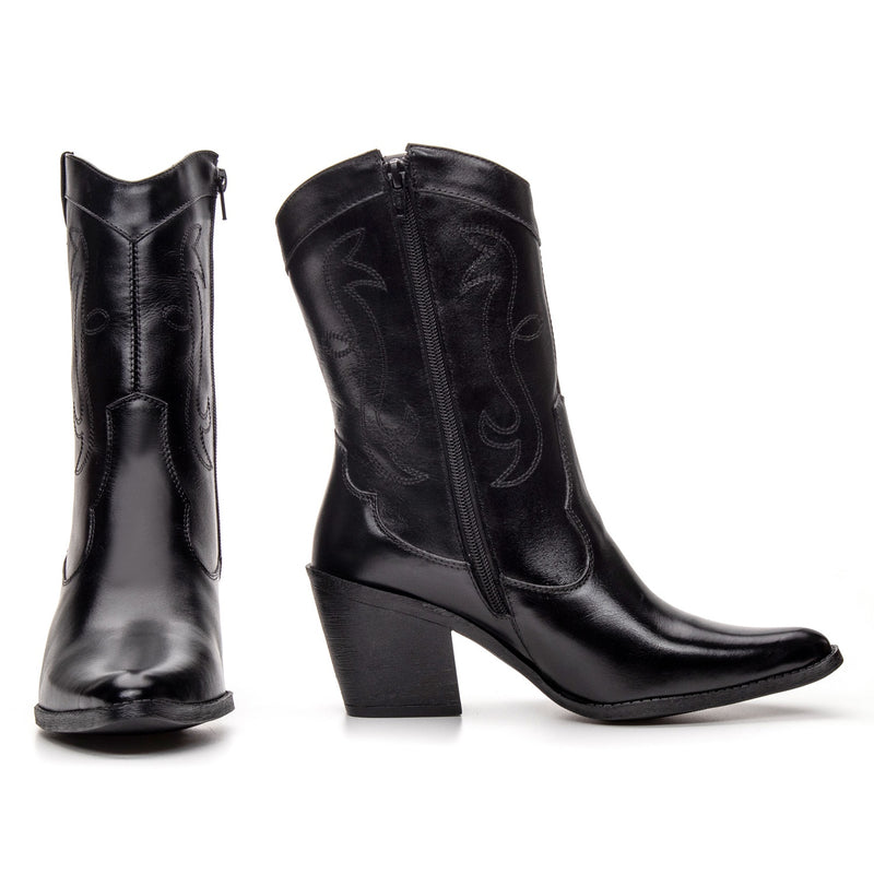 Bota Feminina Texana Cano Médio Couro Preto