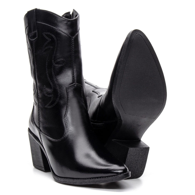 Bota Feminina Texana Cano Médio Couro Preto